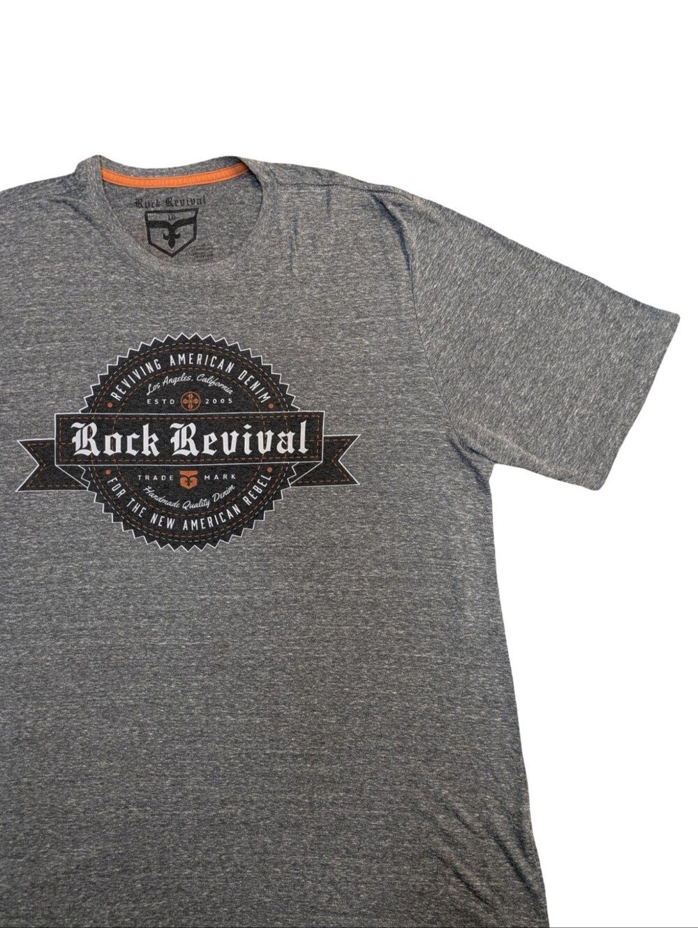 Rock Revival Gray Short-Sleeve Graphic Crew Tee with Black and Orange Accents